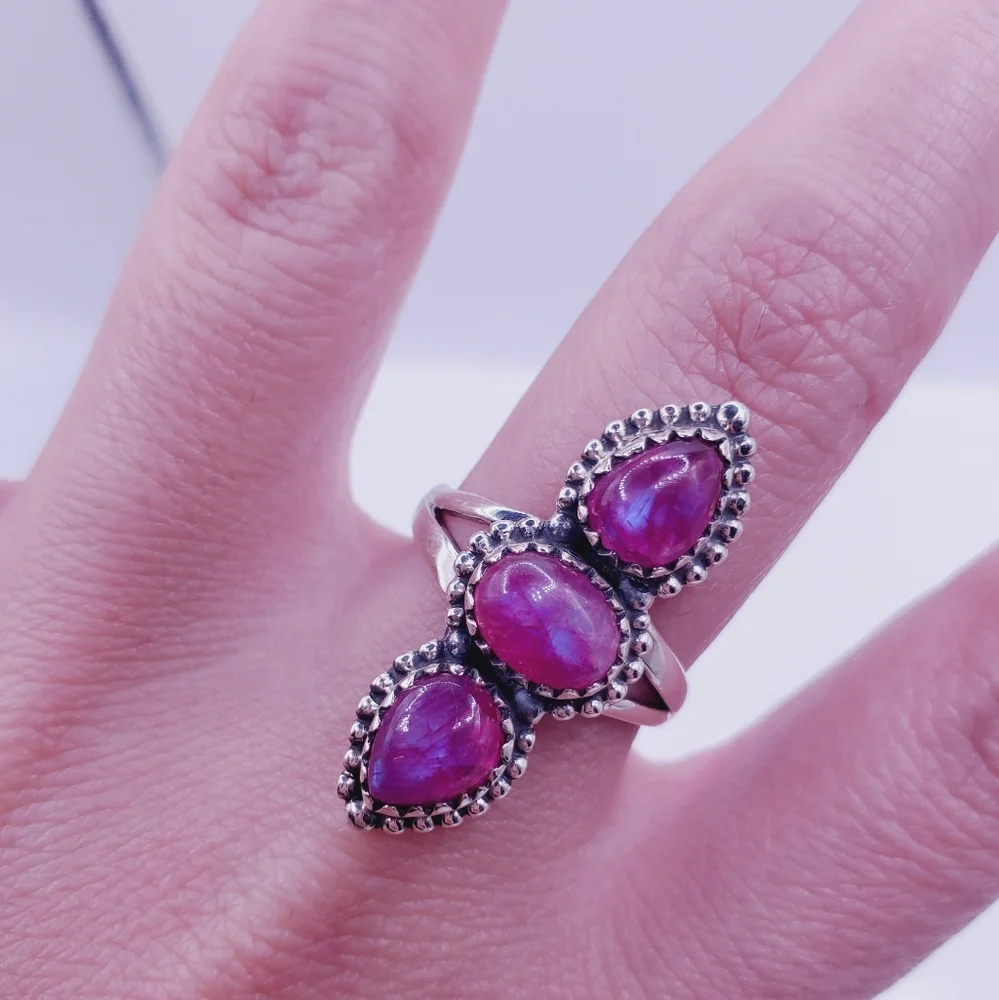 Pink Triple Gemstone 925 Sterling Silver Ring
